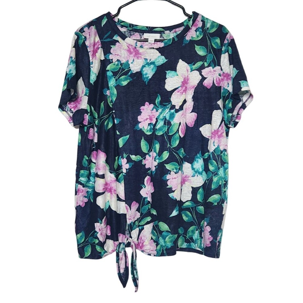 J Jill Womens L 100% Linen Floral Top Tie Up Shirt Short Sleeve Blouse